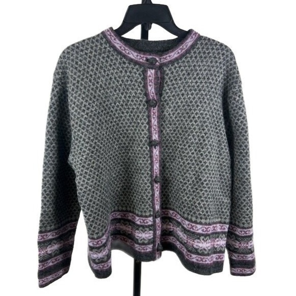 Skyr Petite Fair Isle Cardigan Gray Purple 100% Wool Ski Sweater Size PM Medium